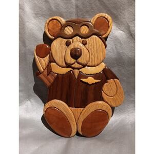 Handcrafted Carved Wood Pilot Teddy Bear Nursery Wall Plaque Vtg Jack Douglas